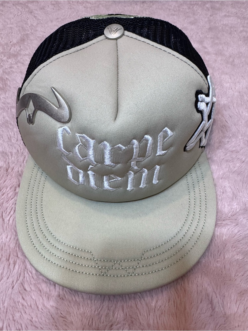 Carpe Diem Embroidered Trucker Hat - Beige and Black